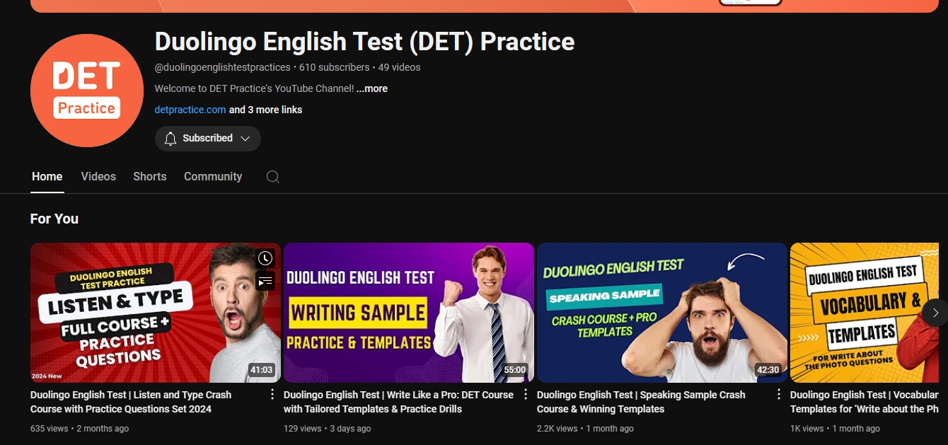 A screenshot of the DET Practice YouTube channel