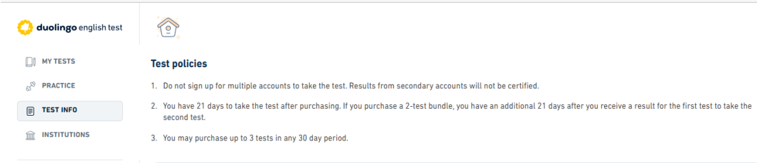 A screenshot of the official examination rules for the Duolingo English Test