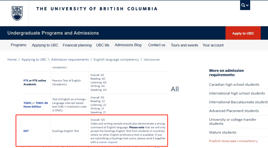 A screenshot of the University of British Columbia's official language requirements