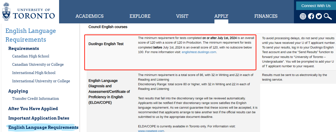 A screenshot of the University of Toronto's official language requirements