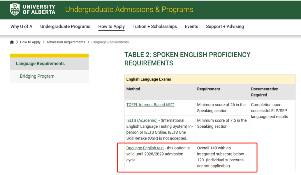 A screenshot of the University of Alberta's official language requirements