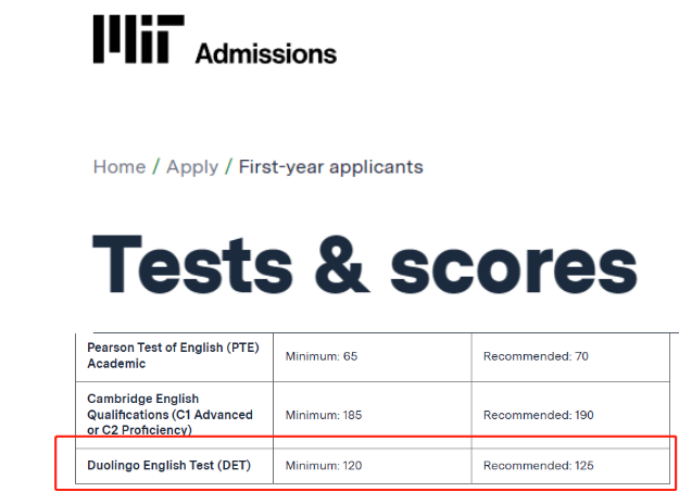 A screenshot of the official DET requirements from Massachusetts Institute of Technology (MIT)