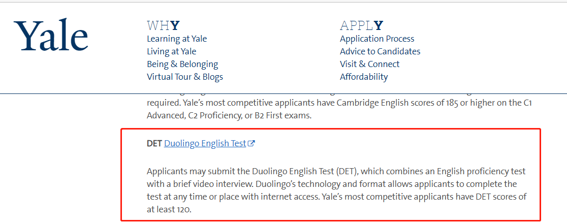 A screenshot of the official DET requirements from Yale University