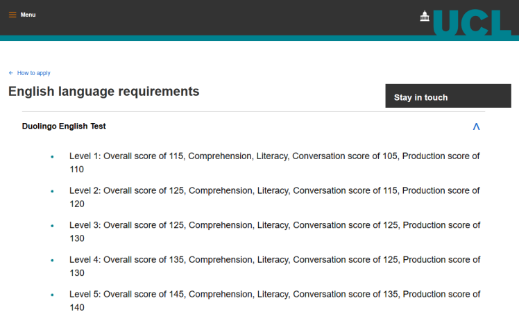 A screenshot of the official DET requirements for University College London (UCL)