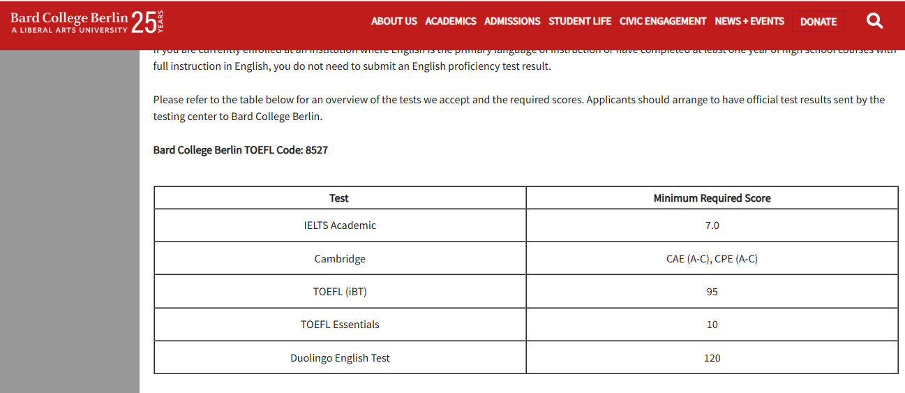 A screenshot of the official DET requirements from Bard College Berlin