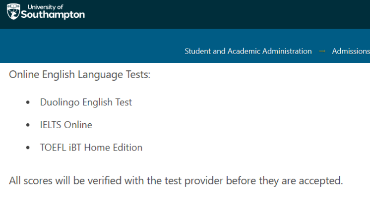 A screenshot of the official DET requirements for University of Southampton