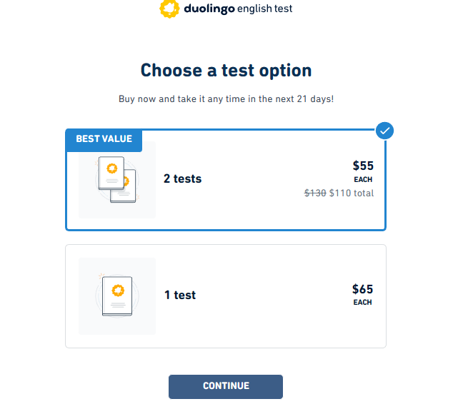 A screenshot of the official prices for the Duolingo English Test