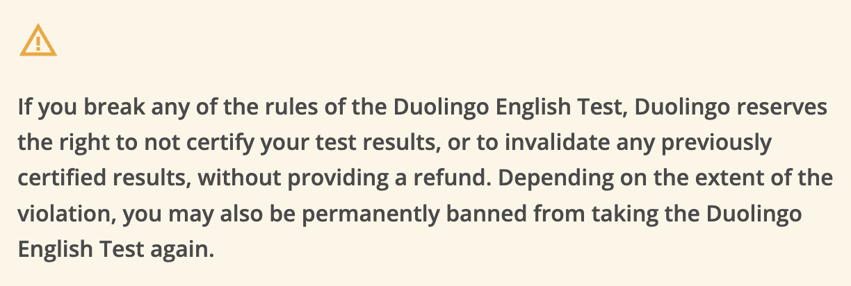 A screenshot of the official rules notice for the Duolingo English Test.