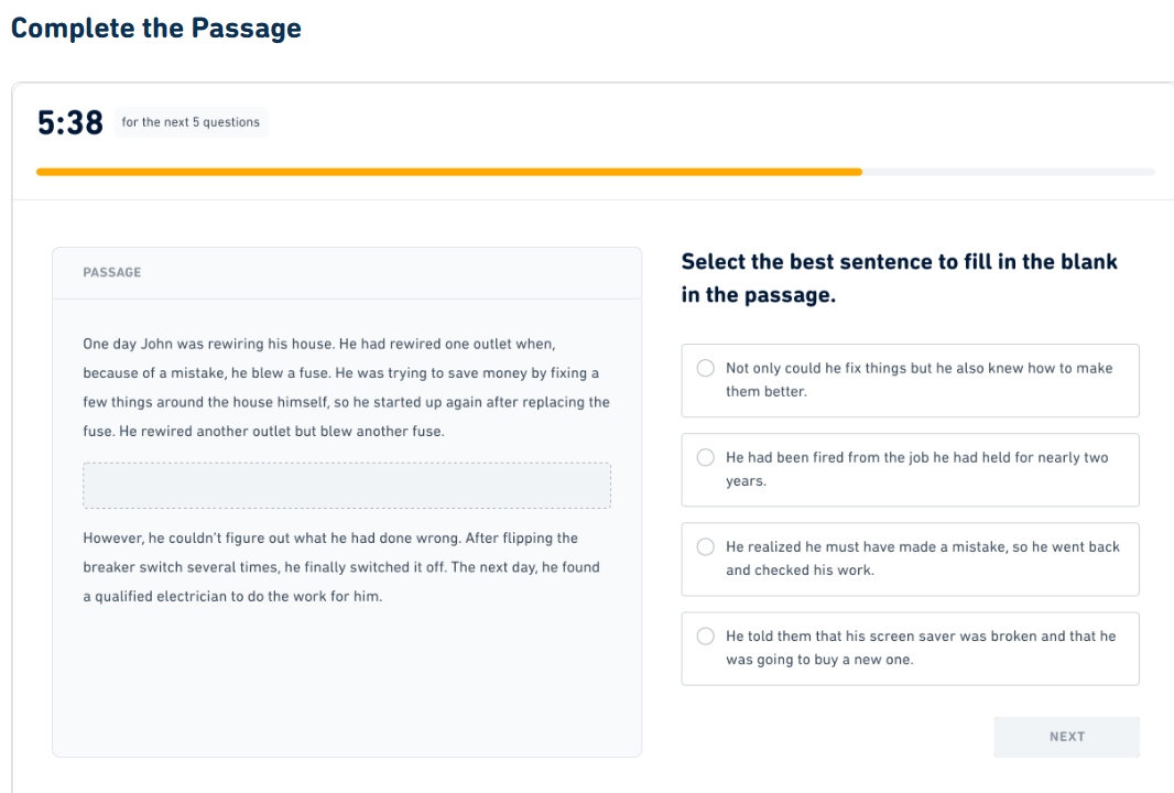 A screenshot of the det question type: 'Complete the Passage'