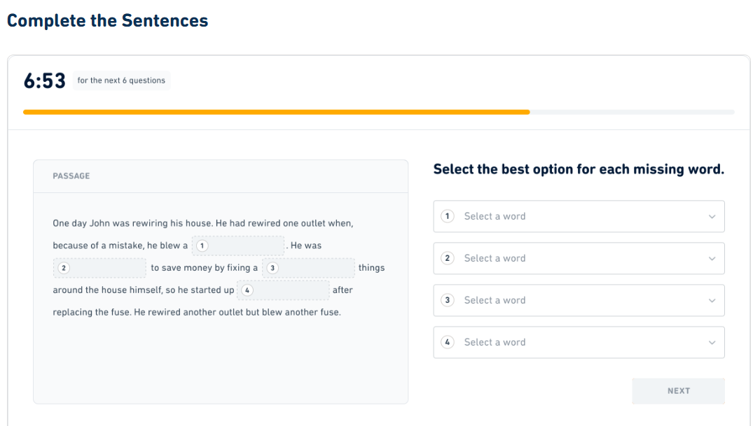 A screenshot of the det question type:  'Complete the Sentences'