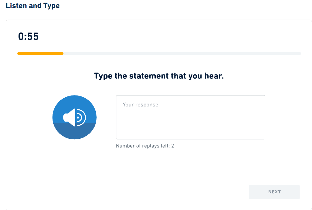 A screenshot of the det question type: "Listen and Type"