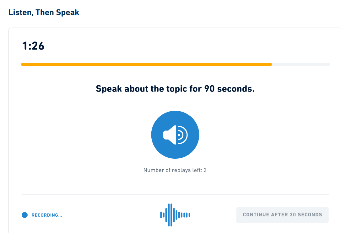 A screenshot of the det question type: "Listen, Then Speak" 