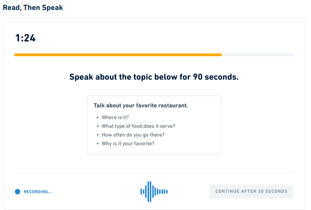 A screenshot of the det question type: "Read, Then Speak"