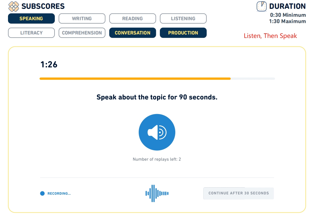 A screenshot of the det question type: Listen, Then Speak