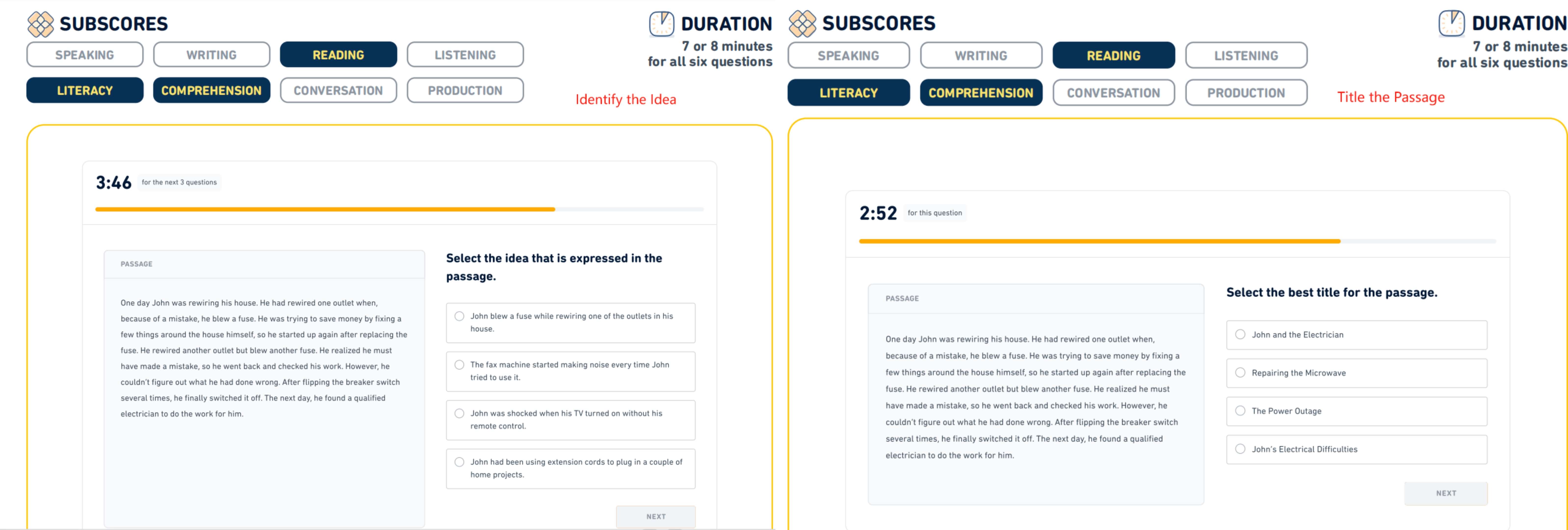 A screenshot of the det question type: Interactive Reading