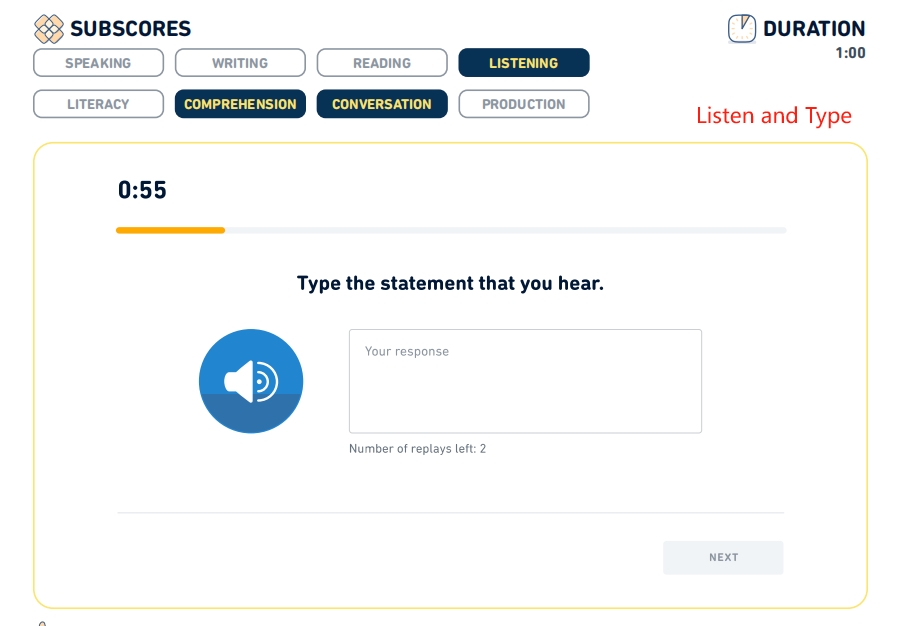 A screenshot of the det question type: Listen and Type