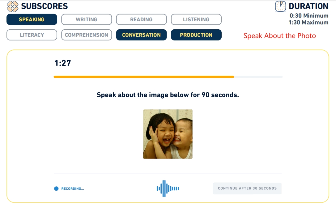 A screenshot of the det question type: Speak About the Photo