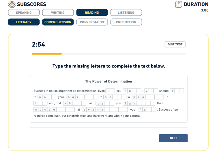 A screenshot of the det question type: Read and Complete