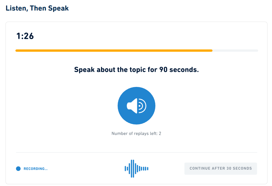 A screenshot of a DET Listen, Then Speak question type.