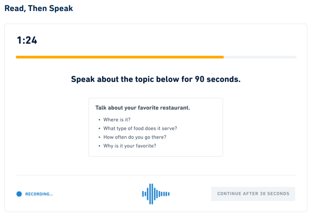 A screenshot of a DET Read, Then Speak question type.