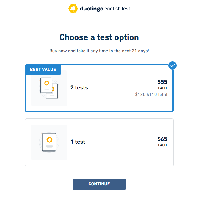 A screenshot from the official DET website regarding exam prices.