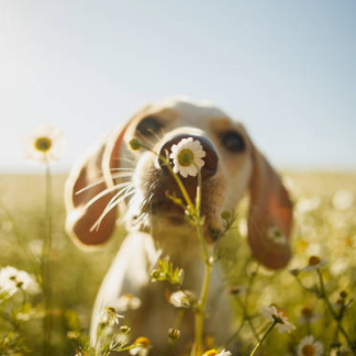 A demo photo of DET "Speak About the Photo" questions: A dog standing in front of flowers.