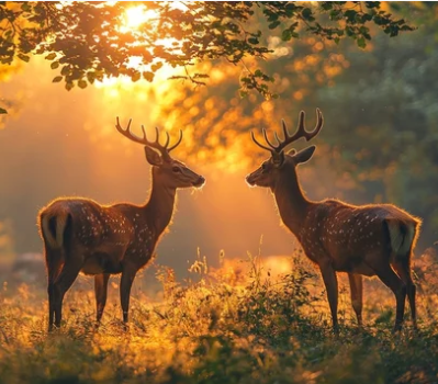 A demo photo of DET "Speak About the Photo" questions: Two deer standing in the jungle.