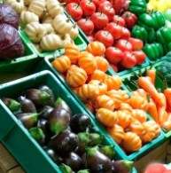 A demo photo of DET "Speak about the Photo" questions: a vibrant array of fresh vegetables