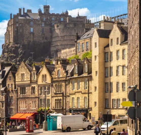 A demo photo of DET "Speak About the Photo" questions: a bustling street scene in the heart of Edinburgh