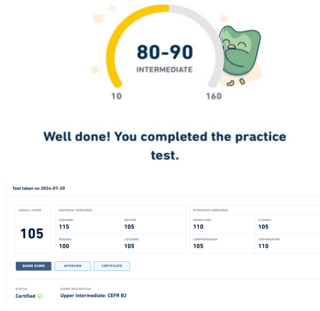 A screenshot comparing the score results of a DET practice test and the official exam.