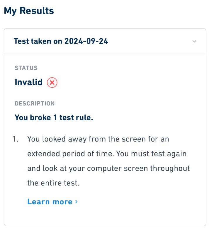 A screenshot of the DET result stating 'You looked away from the screen for an extended period of time.