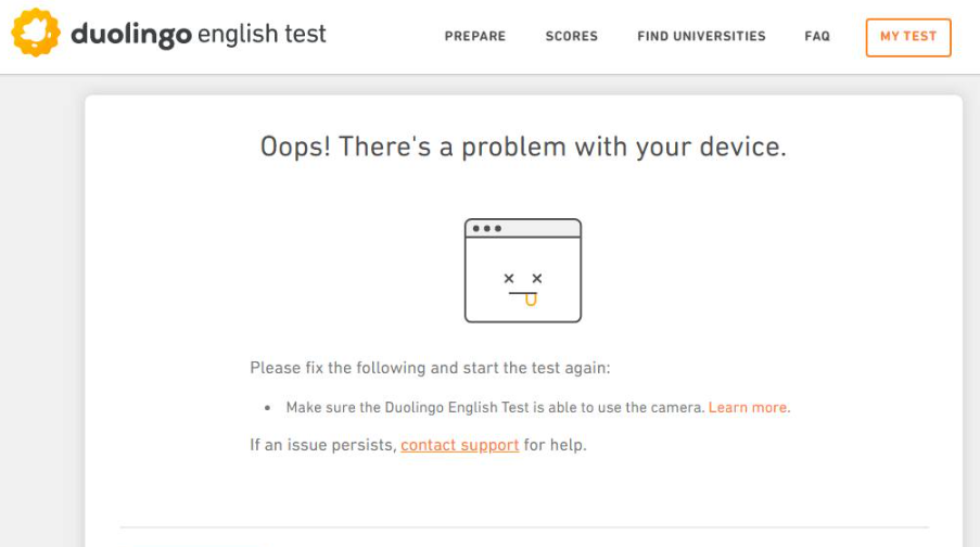 A screenshot of the official notification from the Duolingo English Test indicating that the camera and microphone did not meet the requirements.