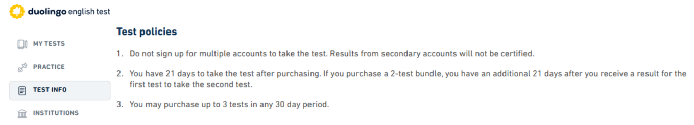 A screenshot of the official purchasing rules for the Duolingo English Test.