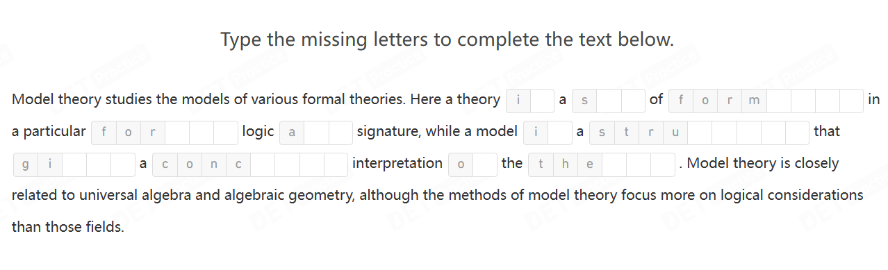 A screenshot of an example question for "Read and Complete" in DET.