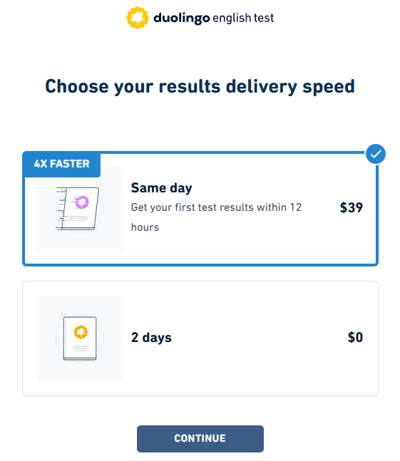 A screenshot of the price for an official expedited report for the Duolingo English Test.