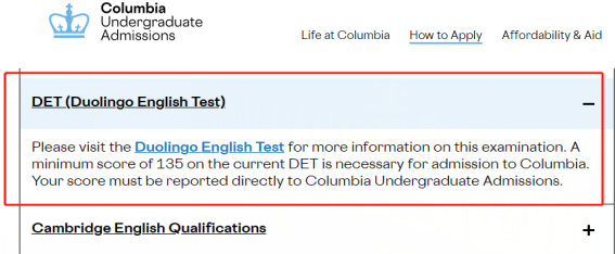 A screenshot of the official DET requirements from Columbia University