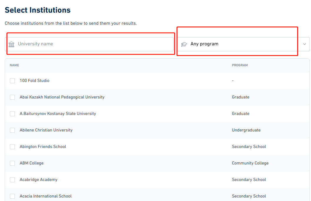 A screenshot of the "Select the Institution(s) Receiving Your Scores" section in the Duolingo English Test.