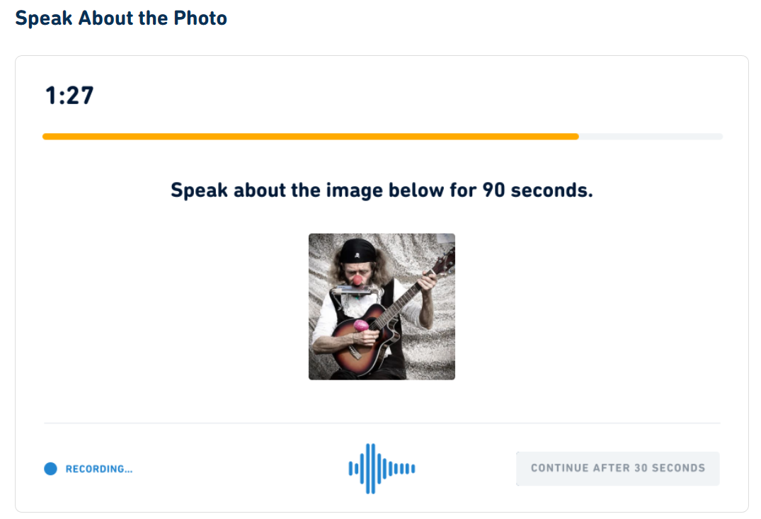 A screenshot of a DET Speak About the Photo question type.