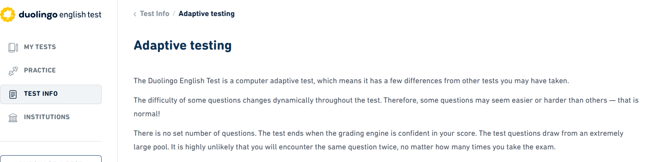 Une capture d'écran officielle de l'annonce du format du test d'anglais Duolingo.