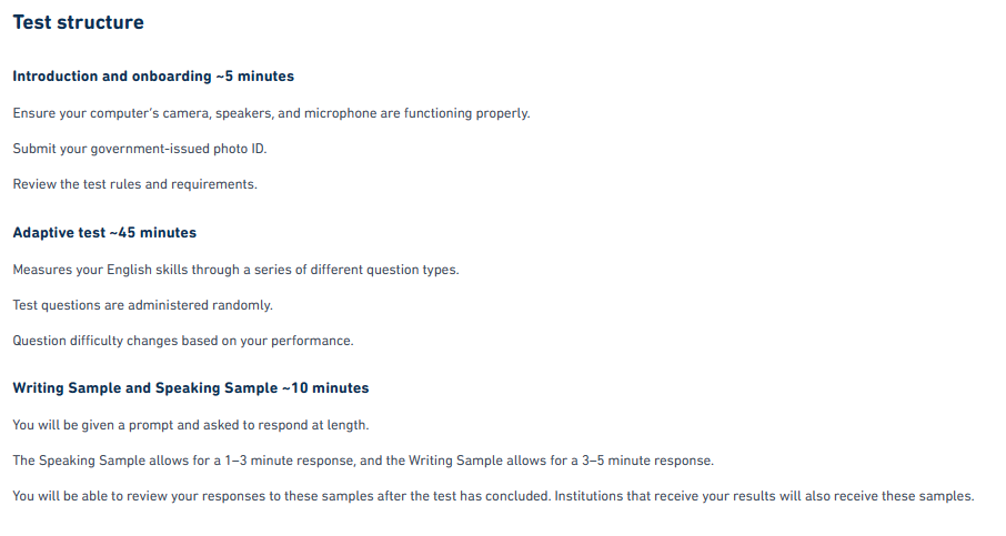 A screenshot of the official explanation of the test structure from the Duolingo English Test.