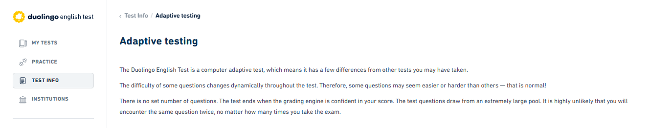 A screenshot of the official explanation of adaptive testing from the Duolingo English Test.