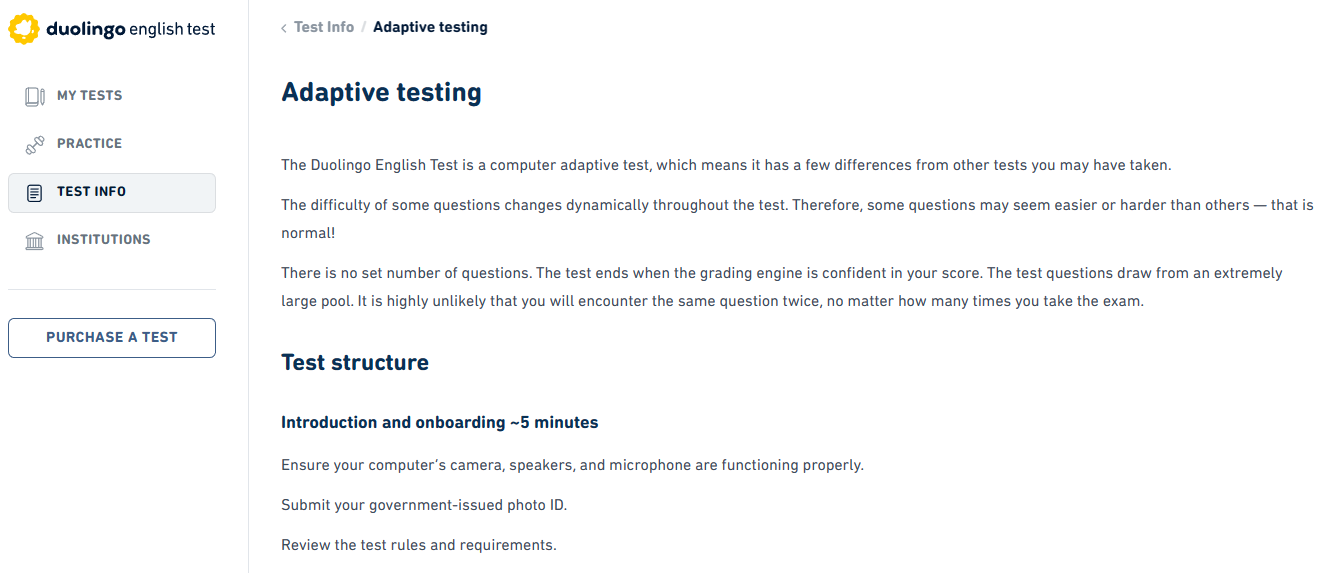 A screenshot of the official Duolingo English Test requirements for setup in the five minutes before the exam.