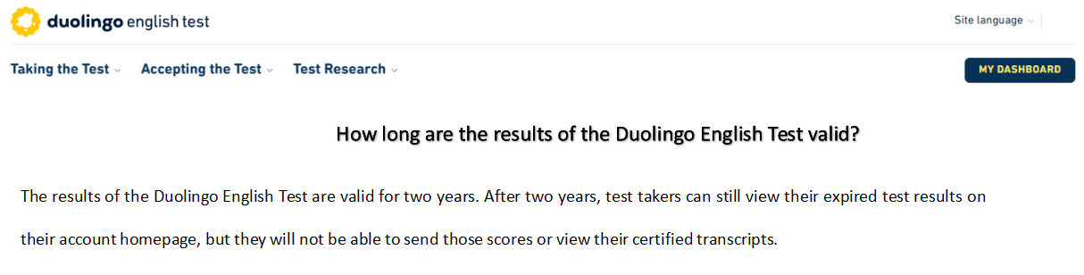 Une capture d'écran de la documentation officielle du Test d'anglais Duolingo concernant la validité des scores.