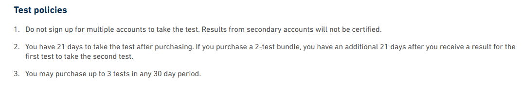 A screenshot from the Duolingo English Test regarding the exam timing rules.