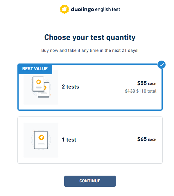 A screenshot from the Duolingo English Test regarding the exam fees.