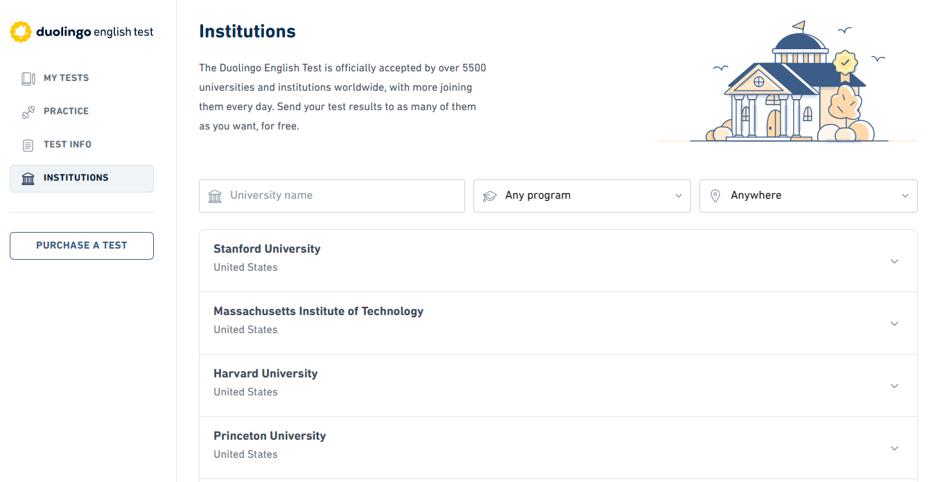 A screenshot from the official Duolingo English Test regarding the accredited institutions.
