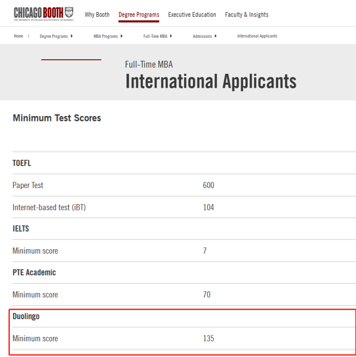 Une capture d'écran de l'Université de Chicago concernant les exigences de score pour le Test Duolingo Anglais.