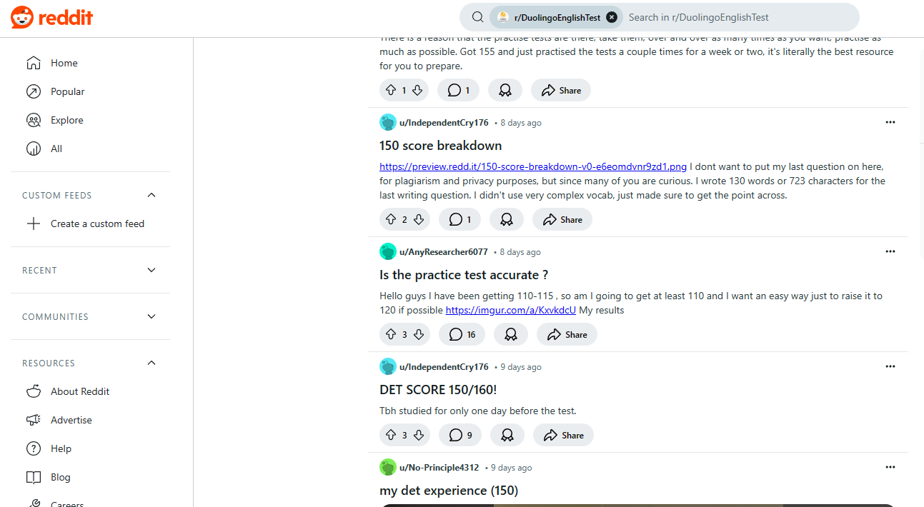 A screenshot from Reddit Communities discussing the English Test Duolingo.