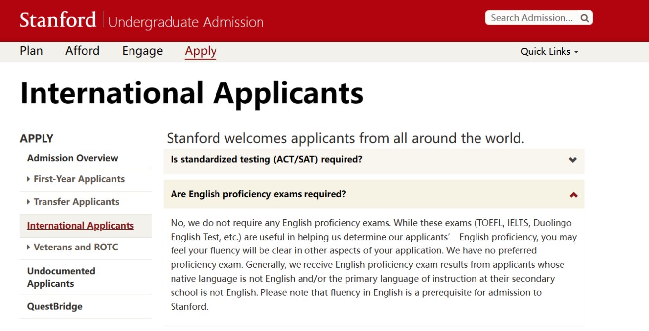 A screenshot of Stanford University's official admissions page detailing its English proficiency test policy for international students.