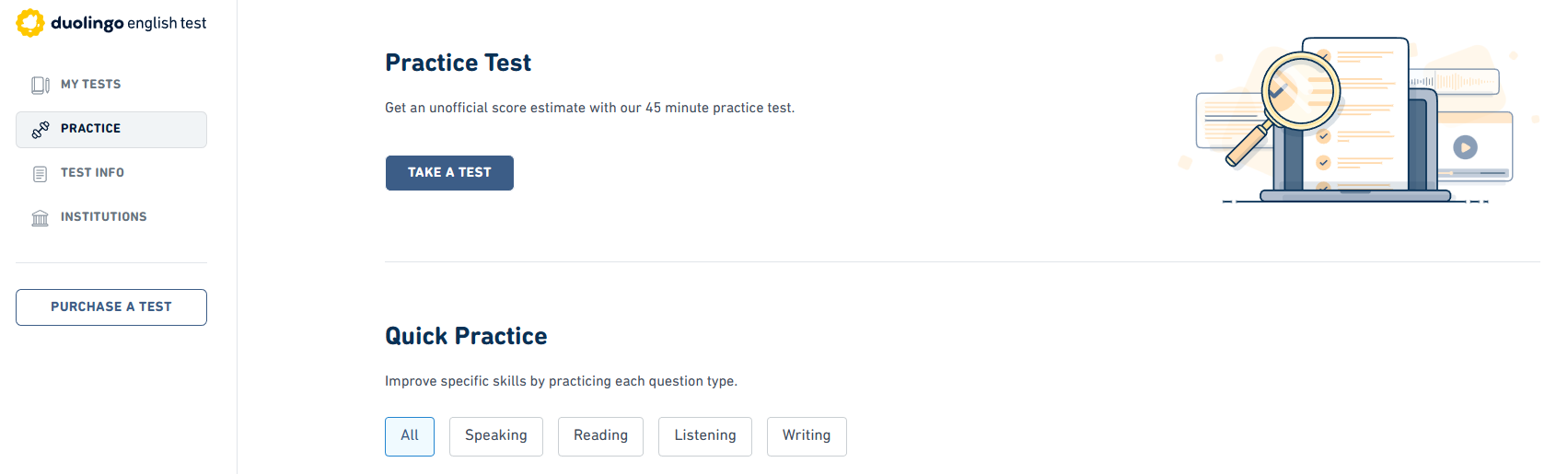 A screenshot of an official Duolingo English Test practice.